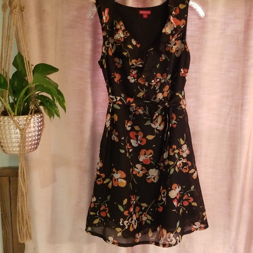 Merona Black Floral Ruffle Dress Sz 6